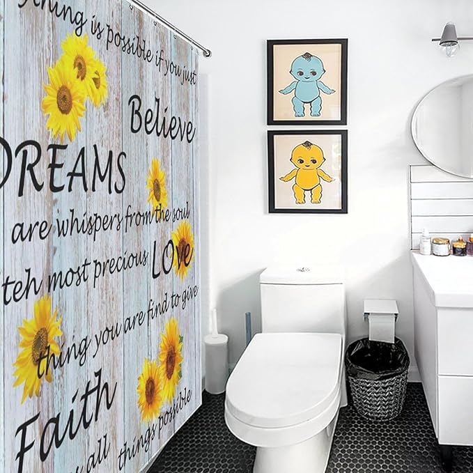Farmhouse Sunflower Inspirational Quotes Shower Curtain Flower Wooden Background Waterproof Shower Curtains for Bathroom Decor 12 Pack Hooks 72x72in (183x183cm)