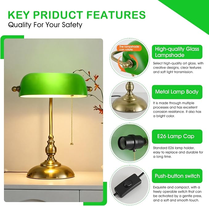 Classic Banker's Desk Lamp, Green Glass Shade, Antique Brass Base, Pull Cord Switch, Vintage Style