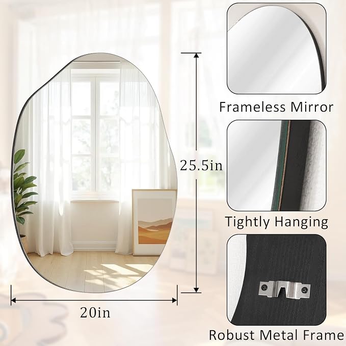 Bathroom Wall Mirror Wood Framed Modern Decorative Irregular Asymmetrical Mirrors for Bedroom Living Room Entryway Dressing Table Wall Decoration Room Decor 26" L x 18" W