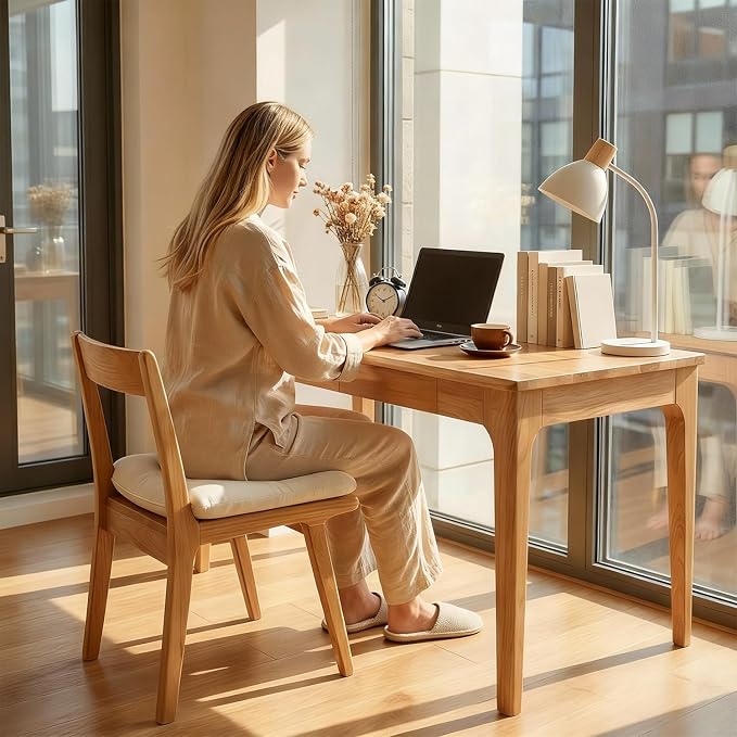 Small Solid Wood Computer Desk with Drawers, Home Office Desk with Storage for Small Spaces, Mid-Century Modern Study Writing Table for Bedroom, Living Room, Office, Gaming Room (Natural)