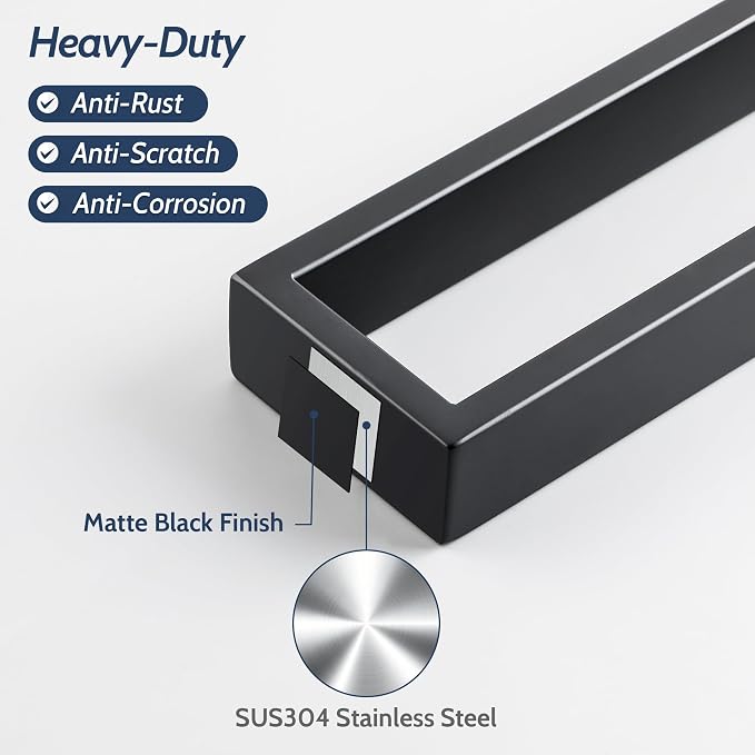 Sayayo Matte Black Towel Bar for Bathroom, 16 Inch Hand Towel Holder Wall Mount Square Towel Ring SUS304 Stainless Steel Towel Rack