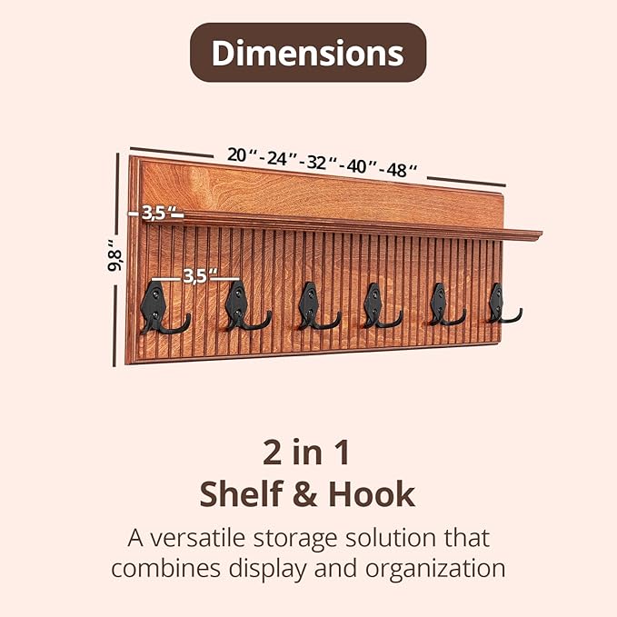 Rustic Wall Mounted Coat Rack with Shelf Wooden Entryway Organizer with 5 Metal Hooks for Coats Hats Towels Keys Floating Storage Shelf for Bathroom Bedroom (Mango Oxide, 24 inch Striped (4 Hooks))