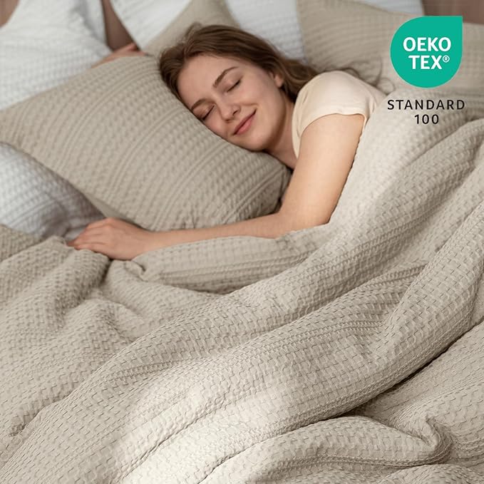 PHF Soft Waffle Comforter Set Queen Size- Comfy Breathable Waffle Weave Comforter with 2 Pillow Shams, 3 Pieces Less Snagging Lightweight Textured Bedding Set for All Season, Natural/Linen