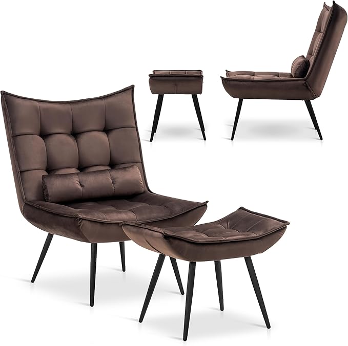MCombo Accent Chair with Ottoman, Modern Velvet Wingback Lounge Chair, Upholstered Club Chair for Small Space, Living Room & Bedroom 4079 (2, Brown)