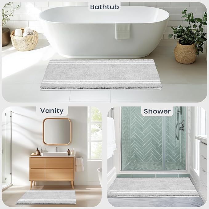 PURRUGS Bathroom Rug Non-Slip Machine Washable 24" x 36", Super Absorbent and Quick Dry Shaggy Microfiber Bath Mat, Extra Soft and Plush Bath Rug for Bathtub, Shower, and Sink, Light Grey