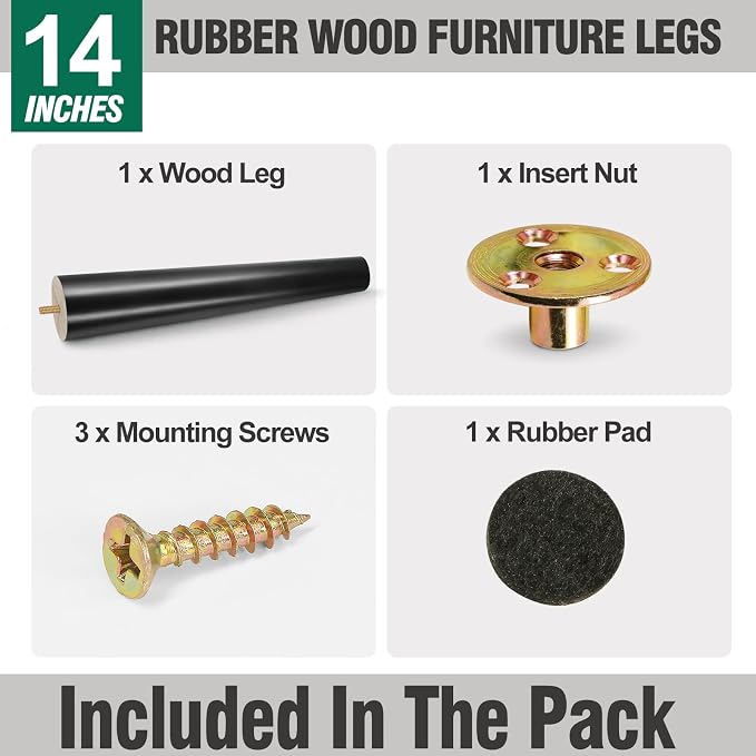 FoDau770 Black Rubber Wood Furniture Legs 14 Inches, 5/16" UNC Straight Tapered Wood Feet Mid Century Sofa Legs, Wooden Furniture Feet Replacement Parts for Cabinet Couch Dresser Chair Ottoman Table