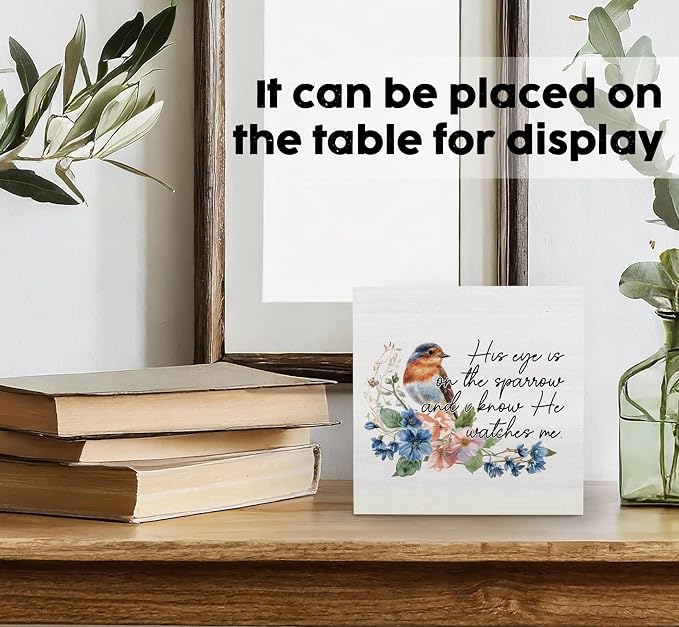 His Eye Is on the Sparrow Birds Decor Sign - Christian Scripture Religious Bird Office Home Shelf Desk Decor,Bible Verse Religious Wooden Box Sign,Christian Bird Gifts For Women