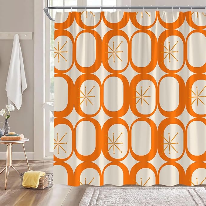 Mid Century Shower Curtain Modern Abstract Atomic Starbursts Squares Retro 50s Geometric Bathroom Decor Polyester Curtains with Hooks