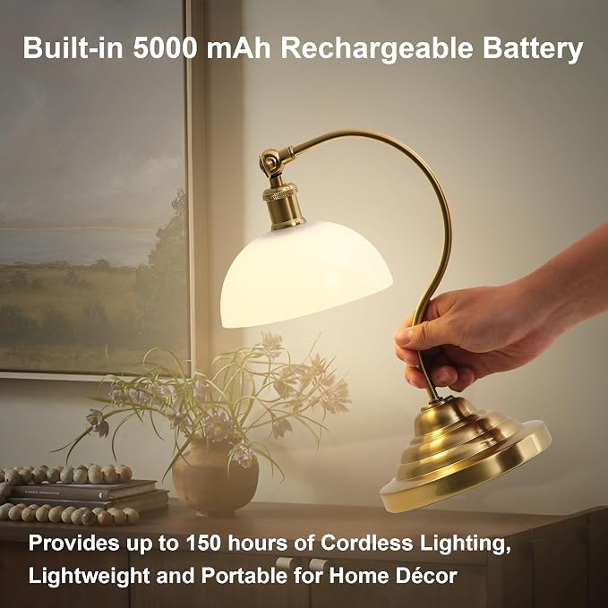 KARTOOSH Cordless LED Table Lamp Set of 2, Battery Operated Desk Lamps with Swing Arm & Plastic Shade, Vintage Small Rechargeable Dimmable Light for Bedroom, Living Room, Nightstand, Brass/White