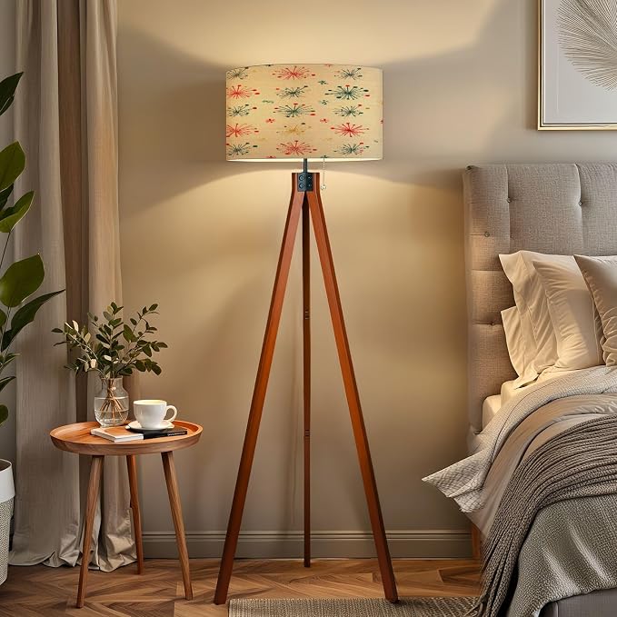 Wood Tripod Floor Lamp Seamless Mid Century Modern Retro Mid Century Standing Lamp Linen Shade Dimmable Modern Tall lamp Home Decor for Living Room Bedroom Office