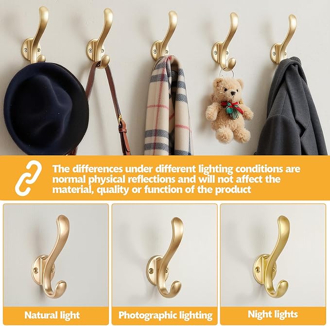 4 Pack Coat Hooks Wall Mount Heavy Duty Utility Retro Double Hooks for Hanging Coats,Hat, Towel, Key, Robe, Scarf, Bag, Cap (Gold)
