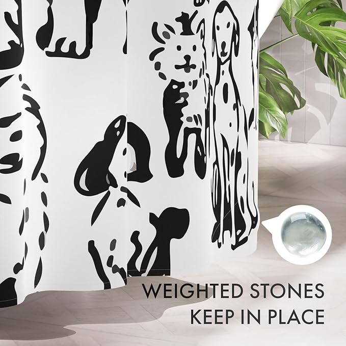 AmazerBath Shower Curtain, Washable Cloth Cute Dogs Kids White and Black Shower Curtain Set with 12 Shower Curtain Hooks, Kawaii Pet Puppy Waterproof Shower Curtains for Bathroom Decor, 72x72 Inches