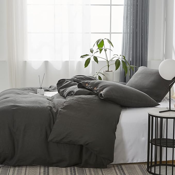 Simple&Opulence 100% Linen Duvet Cover Set 3pcs with Coconut Button Closure Natural French Washed Flax Solid Color Soft Breathable Farmhouse Bedding - Dark Grey, Queen Size