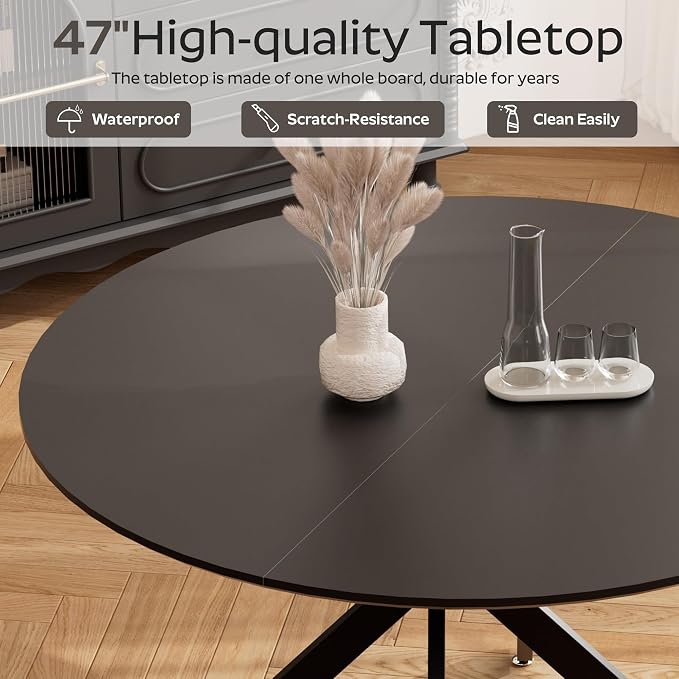 RGZ Mid Century Black Round Dining Table Set for 4, 47" Large Wooden Circle Kitchen Table & 4 White PU Leather Kitchen Chairs, Dinner Table Set for Home, Apartment, Dining Room