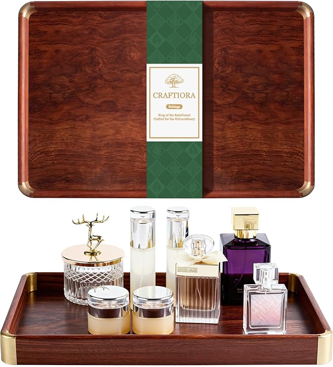 Bubinga Wood Serving Tray, 14.5"x9.8" Decorative Tray with Brass Corners, Luxury Home Decor for Coffee Table, Kitchen & Living Room, Housewarming Gifts for New Home, Wedding & Bridal Shower Gift