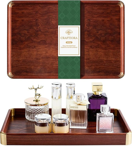 Bubinga Wood Serving Tray, 14.5"x9.8" Decorative Tray with Brass Corners, Luxury Home Decor for Coffee Table, Kitchen & Living Room, Housewarming Gifts for New Home, Wedding & Bridal Shower Gift