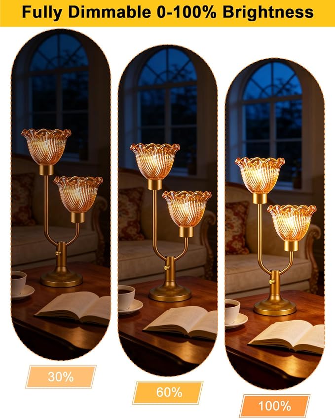Lightdot Gold Table Lamp for Bedroom Dimmable Mid Century Modern Flower Desk Lamp Amber Glass Vintage Nightstand Lamp 2 Bulbs Included Warmwhite Ambient Bedside Lamps for Living Room Home Office Decor