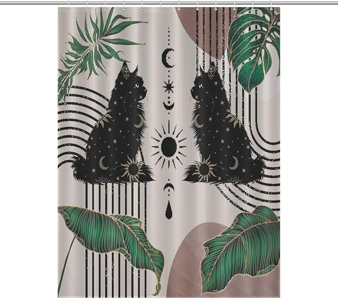 Boho Mid Century Cat Shower Curtain Retro Moon Star Leaves Black Cat Geometric 70s Vintage Waterproof Shower Curtains for Bathroom Decor 12 Pack Hooks 55x72in（140x183cm）