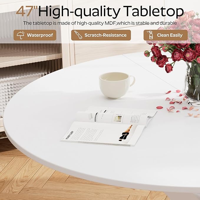 RGZ Mid Century White Round Dining Table Set for 6, 47" Large Wooden Circle Kitchen Table & 6 White PU Leather Kitchen Chairs, Dinner Table Set for Home, Apartment, Dining Room