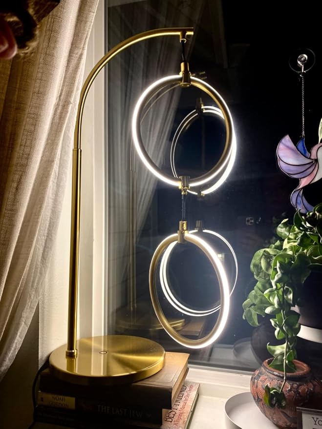 Brightech Nova Modern Table Lamp - Contemporary Arc Desk Lamp with 2-Circle Ring-Style Pendant - Alexa Compatible Nightstand Beside The Couch Lamp with Arching Pole Matches Living Room Décor - Brass