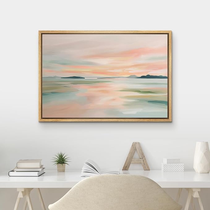 MUDECOR Framed Canvas Print Wall Art Pastel Coastal Landscape with Distant Islands Illustrations Minimalism Decorative Bohemian Zen for Living Room, Bedroom, Office - 16"x24" NATURAL
