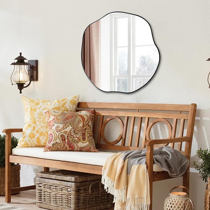 POZINO Irregular Wall Mirror, 25" Asymmetrical Frameless Mirrors, Scalloped Rounded Mirror, Organic Shaped Mirrors for Living Room Bedroom Entryway Fireplace, Horizontal or Vertical Hanging