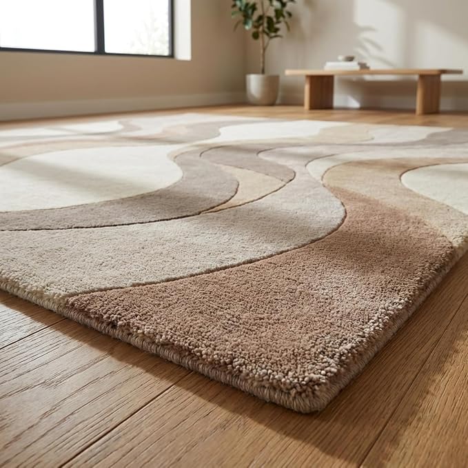 Geometric Multicolor Hand Tufted Wool Area Rug Modern Style Curve Pattern Warm Backing Floor Rug for Bedrooms Lounge Entryways & Gallary 6x9 Feet
