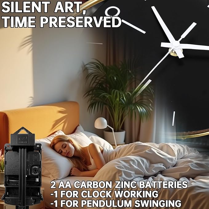 Decorative Wall Clock, Silent Non-Ticking Quality Quartz Battery Operated with Pendulum, Large Wall Clock for Living Room Kitchen Home Bathroom Bedroom Wall Decor, 13x17Inch(Black)