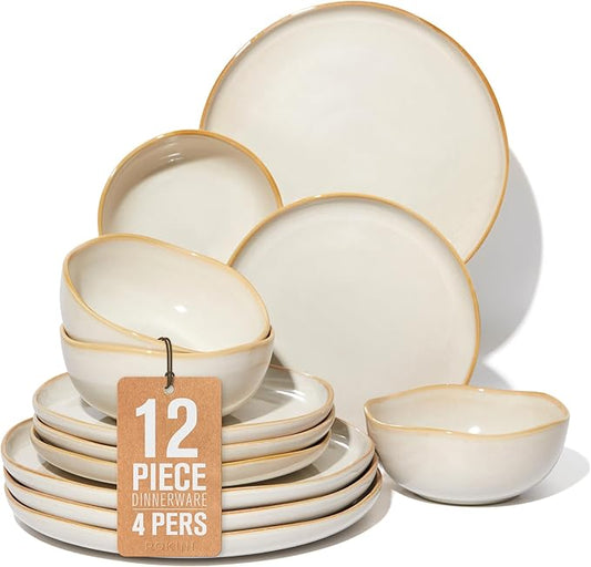 Ceramic Plates and Bowls Set, Everyday Dinnerware Set for 4, Wavy Rim Kitchen Dish Set, Chip Resistant Dishware Sets, Dishwasher Safe Dinner Set, Designed for Simple Meals, Yellow White