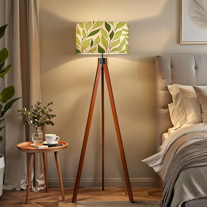 Wood Tripod Floor Lamp Green leaves seamless pattern Watercolor tea leaf textured jungle Mid Century Standing Lamp Linen Shade Dimmable Modern Tall lamp Home Decor for Living Room Bedroom Office