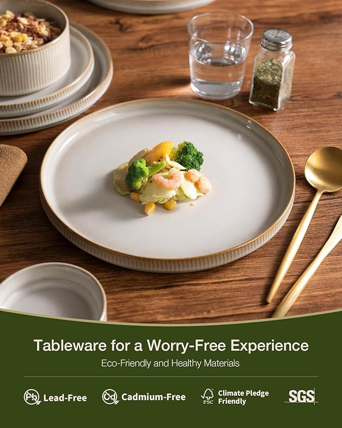 Famiware Star Dinnerware Set with Pasta Bowls, Service for 4 (16pcs), Ribbed Stoneware Plates and Double Bowls Dishes Sets - Chip & Scratch Resistant, Microwave & Dishwasher Safe, Cappuccino White