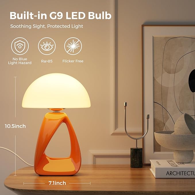Mushroom Lamp, Small Table Lamp for Bedroom, Creative Geometric Ceramic Base Bedside Lamp, Mid Century Modern Side Table Lamp for Living Room Nightstand, Unique Aesthetic Home Decor Gift Ideas, Orange