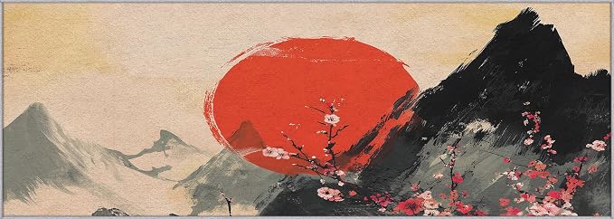 Japanese Runner Rug 4x9, Red Sun Cherry Blossom Mountain Landscape Design, Traditional Asian Art Area Rug, Washable Non-Slip Floor Carpet Runner for Bedroom, Dining Room, Living Room Aisle