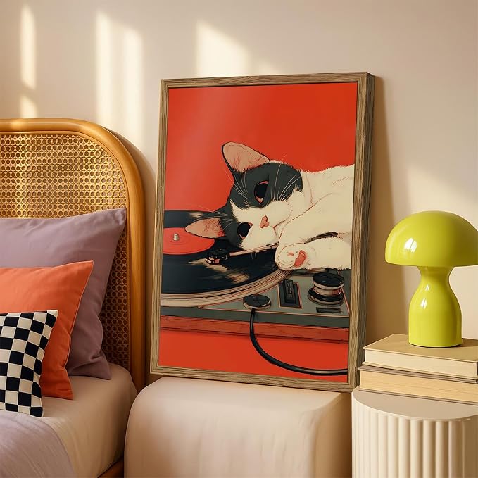 Cute Black and White Cat Wall Art Vintage Japanese Vinyl Record Wall Decor Painting, Retro Music Lover and Animal Poster Canvas Print Picture for Living Room Bedroom 16x24 inch Wood Framed