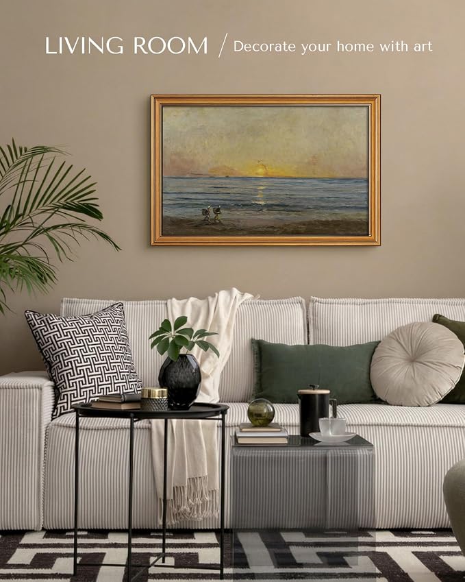 HUARCEY Gold Framed Vintage Wall Art for Living Room, Landscape Painting Prints Shelf Decor for Kitchen, Aesthetic Bedroom Wall Art, Best Gifts for Friends or Family - Ocean Sunrise 24L x 16W