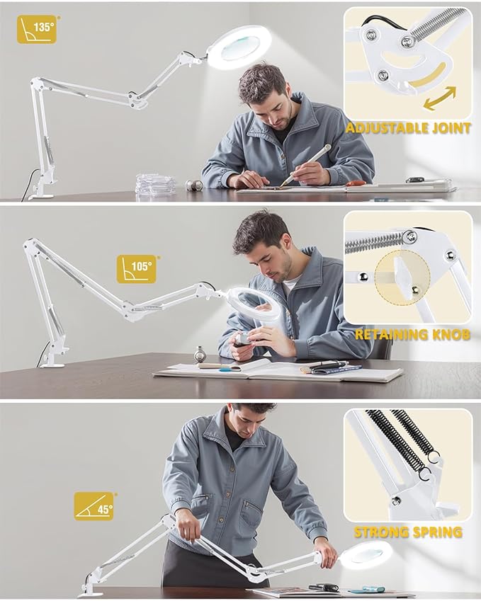 10X Magnifying Glass with Light and Clamp, Ultra Long 3 Section Swing Arm LED Desk Lamp, Real Glass Lens, 5 Color Modes Dimmable, Hands Free Lighted Magnifier with Stand for Repair Crafts - White