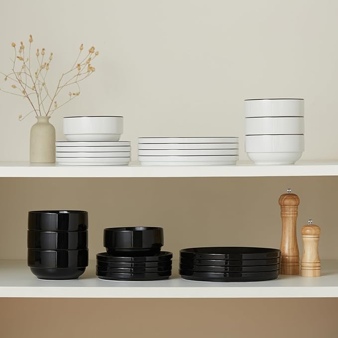 Vase and Vessel Ceramic Dinnerware Set, 12-Piece Service for 4, Round, Microwave and Dishwasher Safe, Cambridge Classics (French)