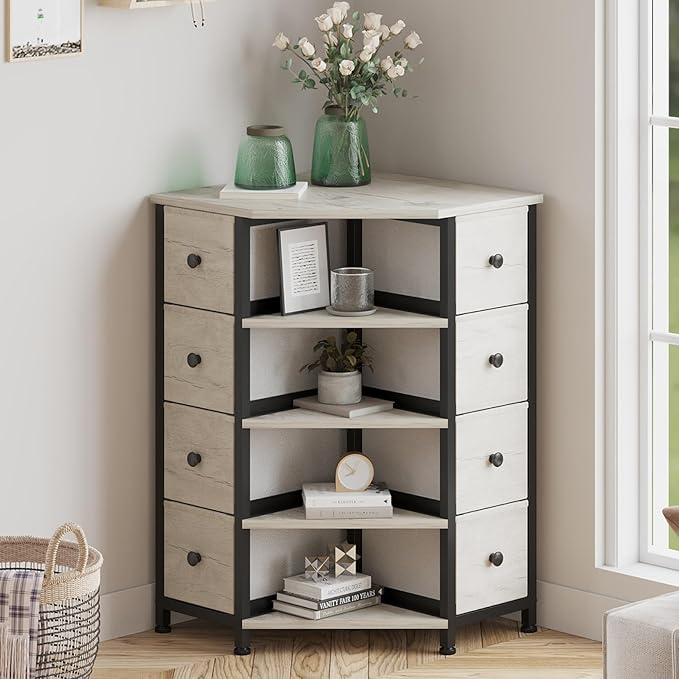 LUMTOK 8 Drawers Corner Dresser with Storage Fabric Drawers and Open Shelves for Small Space，Bedroom，Entryway，Living Room (Greige)