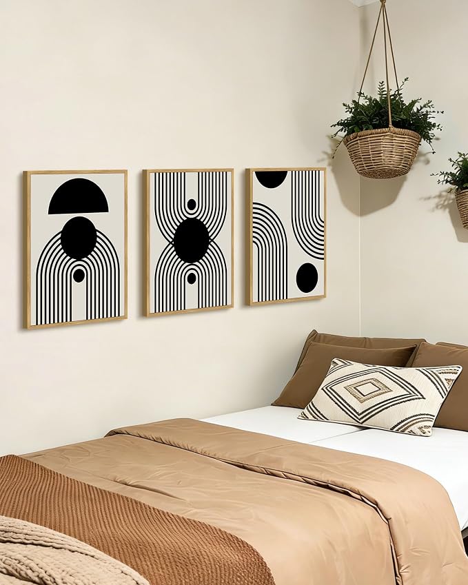 Drsoum Black Abstract Boho Wall Art Framed Modern Bohemian Wall Decor Geometry Lines Prints Ready to Hang 11x14in Natural Framed