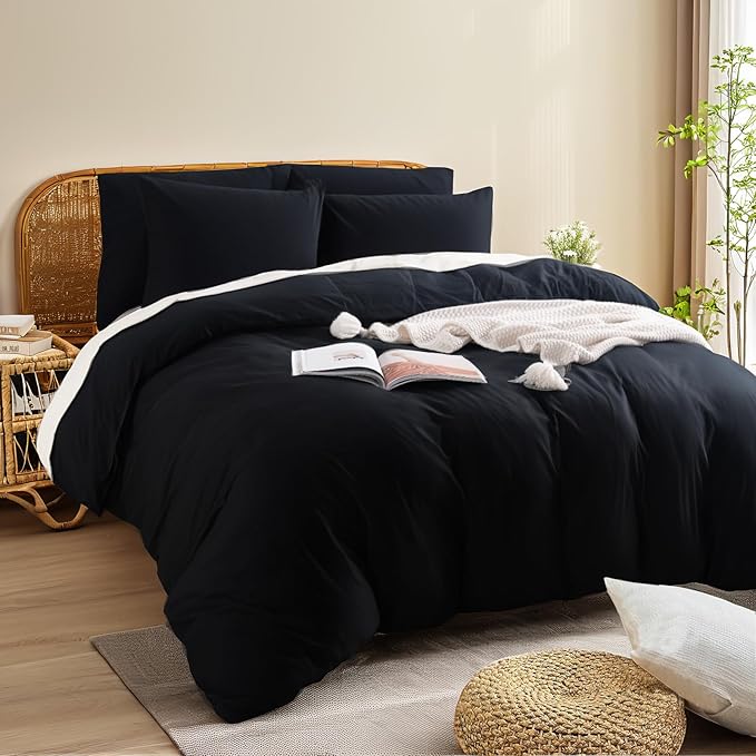 NEXHOME PRO Full Duvet Cover Set – 100% Certified Organic Cotton with Washed Feel & Linen-Like Texture, Comfortable & Breathable, Home Bedding Set Black (No Comforter)