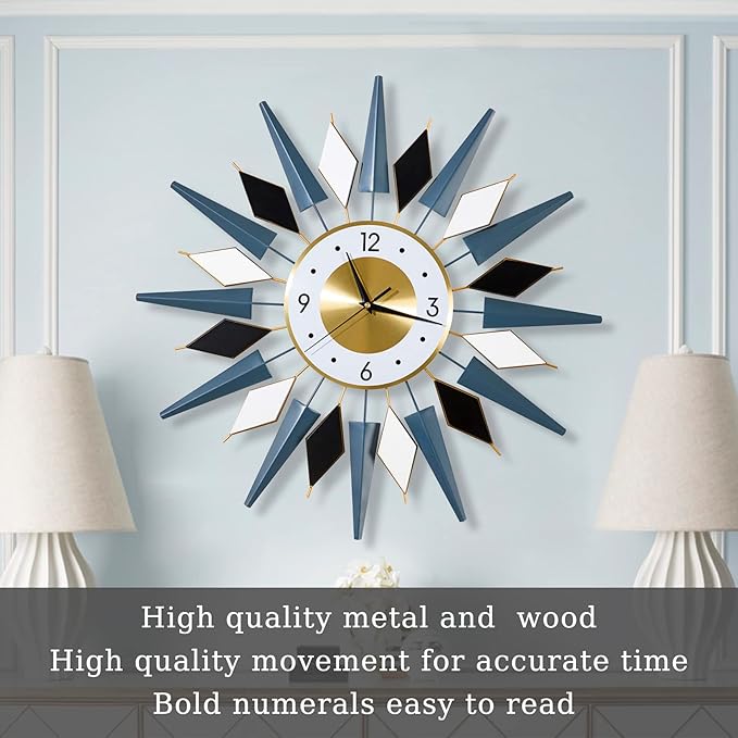 24 Inch Modern Metal Wall Clock Unique Design, Large Silent Battery Operated Non Ticking, Wall Clock for Living Room Kitchen Office Decor