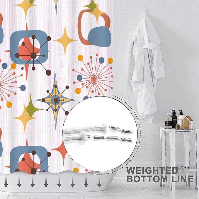 Mid Century Shower Curtain, 72x84inch, Modern Abstract Retro Pink Striped Geometric Shower Curtain Sets 1950s Boho Bathroom Shower Curtain with 12 Hooks