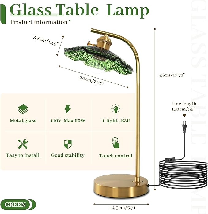 Glass Table Lamp Mid Century Modern Table Lamp Vintage Table Lamps Gold Desk Lamp Touch Bedside Lamps with Green Flower Shade Small Nightstand Lamps for Bedroom Living Room Office