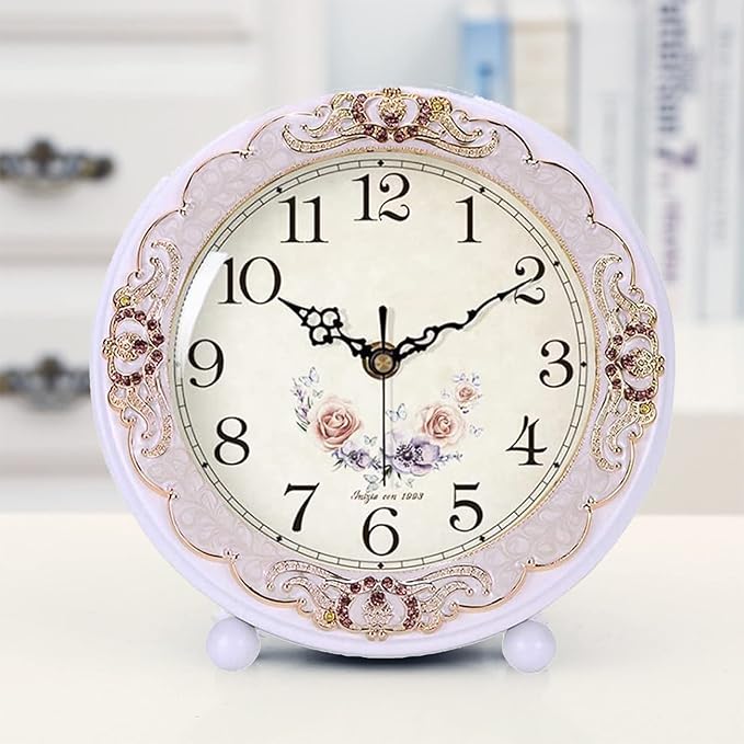 Justup Vintage Wooden Table Clock, Retro Non-Ticking European Style Beside Mantle Desk Clock Battery Operated Silent Quartz Movement for Bedroom Living Room Indoor Decor (White-Rose)