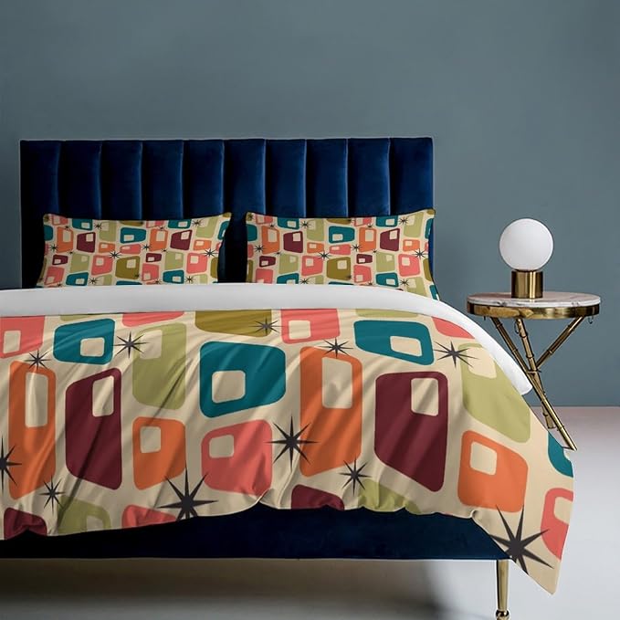 Modern Mid Century Duvet Cover Queen Retro Atomic Bedding Set, Rainbow Grid Comforter Cover Vintage Fifties 1950s Bed Set，Abstract Art Bedding 3 Piece (1 Duvet Cover 79"x90" + 2 Pillow Sham 20"x30")