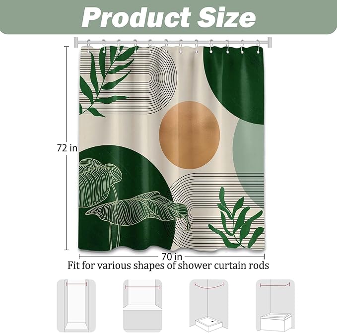 Dark Green Shower Curtain Olive Green Emerald Mid Century Modern Shower Curtains for Bathroom Decor Boho MCM Neutral Bath Curtain Set, Waterproof Fabric with Hooks 70 x 72 Inch