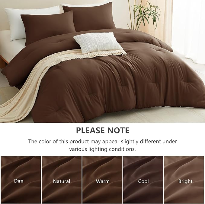 CozyLux Queen Comforter Set Brown, 3 Pieces Lightweight Comforters Queen Size Quilted Bedding Sets, All Season Breathable Solid Down Alternative Comforter with 2 Pillowcases, Bed Set Gift for Home