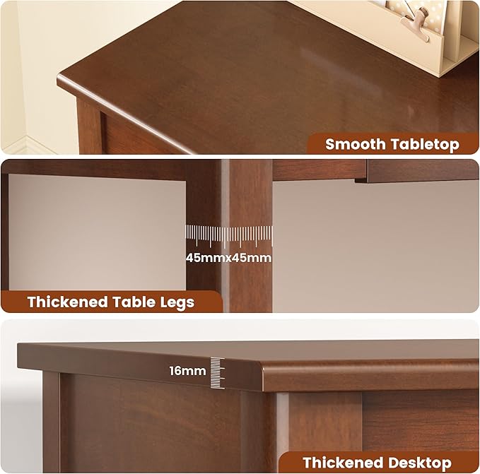 100% Solid Wood Desk with 2 Drawers, 47" Wooden Mid Century Modern Desk, Vintage Writing Desk Computer Table for Home, Office, Bedroom, Living Room