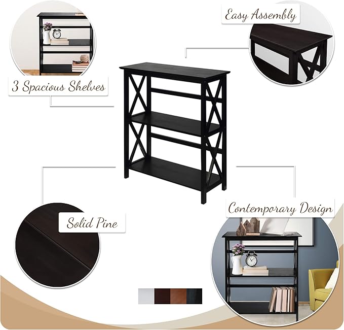 Montego 3-Shelf Bookcase-Walnut
