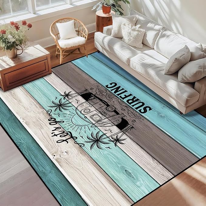 Surfing Area Rug Beach Van Palm Tree Carpet Retro Wood Grain Striped Rugs Non Slip Washable Floor Mat for Bedroom Living Room Nursery Playroom Classroom Home Decor,4'x6'